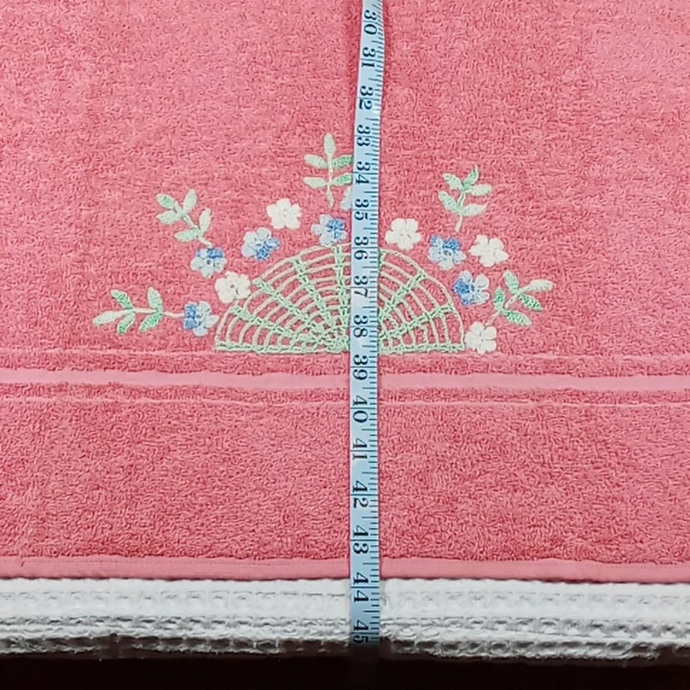 Vintage Cannon Pink Towel Set w/ Embroidered Floral Design Face Cloth Hand Bath